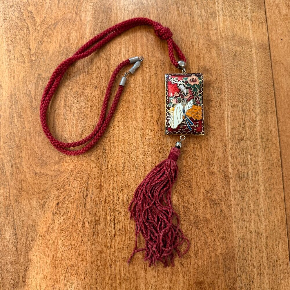 Asian Enamel Pendant on Red Rope Cord w. Tassel Long Necklace